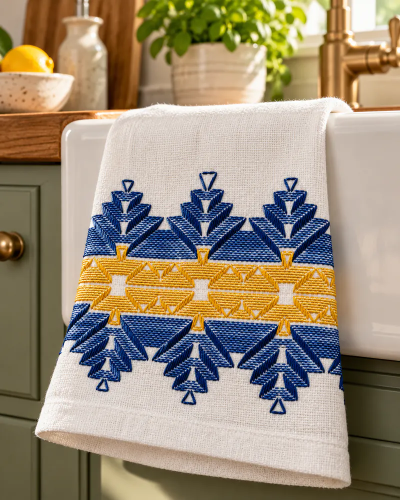 Pano de prato com vagonite azul-royal e faixa amarelo-ouro pendurado na pia de cozinha verde