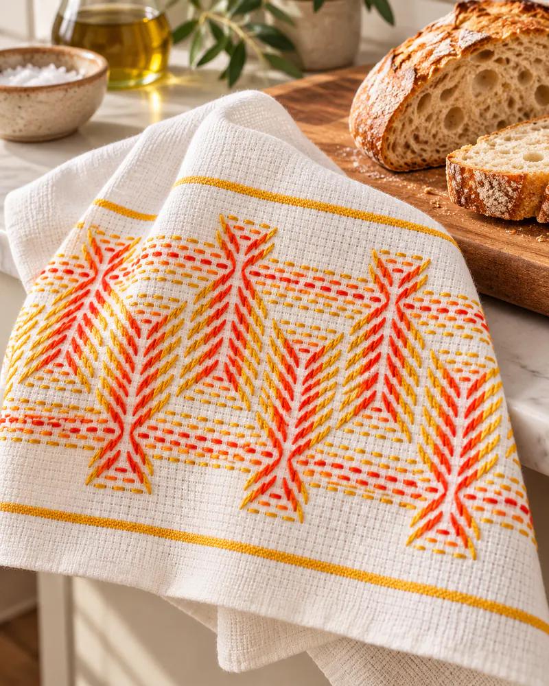 Pano de prato com vagonite em feixes laranja e amarelo ao lado de pão caseiro
